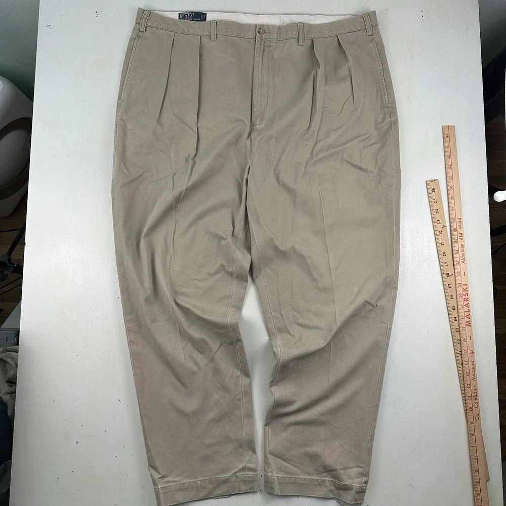 VTG Polo Ralph Lauren BIG Andrew Chino Pants Men 48Bx32 Fits 47x32 Khaki Pleated
